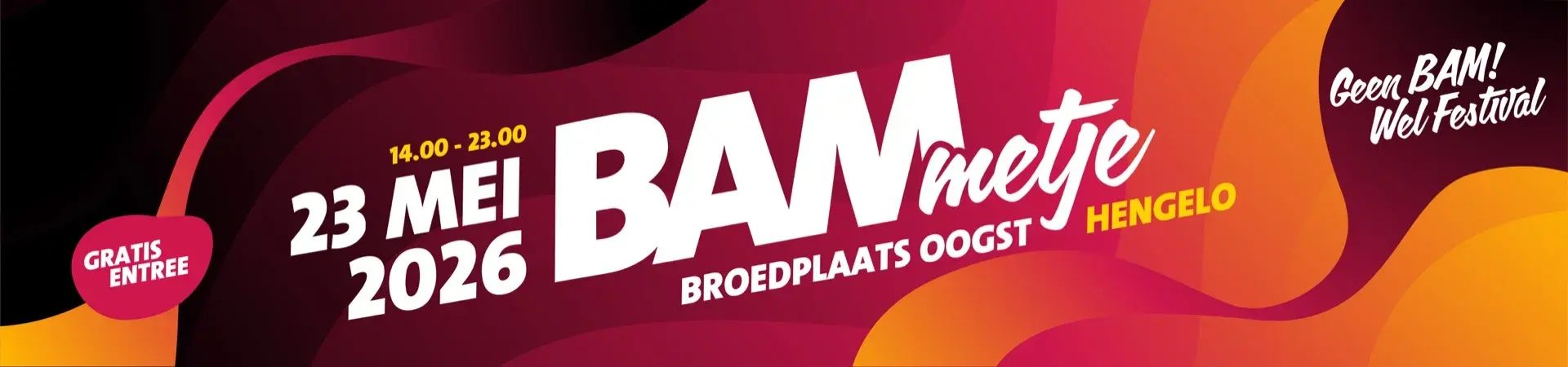 Sfeerbeeld van Bammetje 2026 met golvende BAM-vormen in rood, oranje en geel